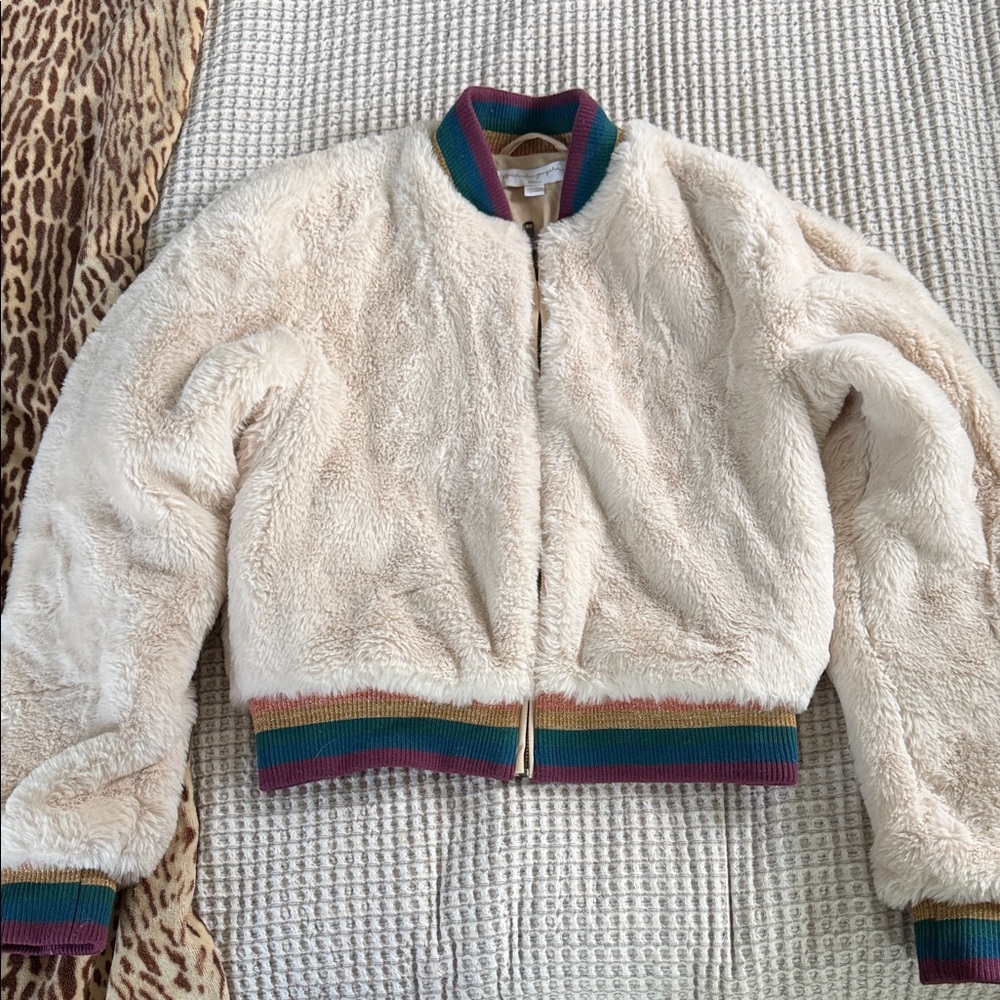Spiritual Gangster Cream Teddy Jacket with Rainbow Trim